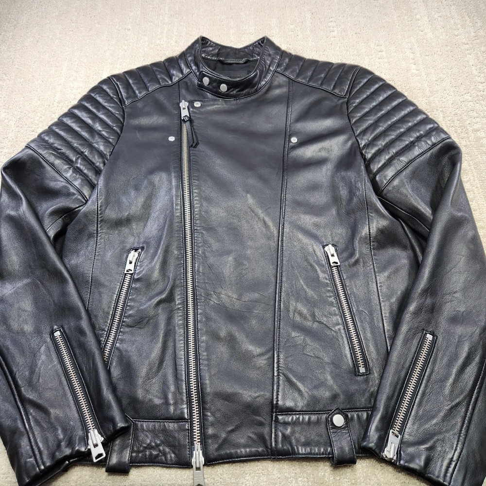 AllSaints Sheep Leather Jacket Men Large Jasper Biker Soft Quilted Black Moto